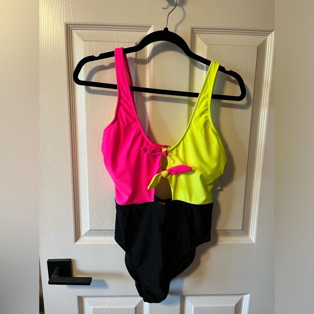 Women s one piece bathing suit No Boundaries Pink/Black/Neon Yellow Large